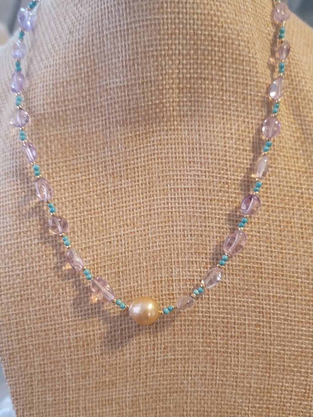 Handcrafted Amethyst & Turquoise Beaded Necklace with Golden Freshwater Pearl